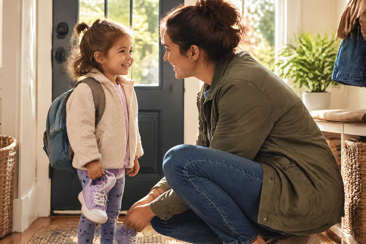 A parent crouched at the front door, smiling eye to eye with a little girl who is holding one sneaker.
